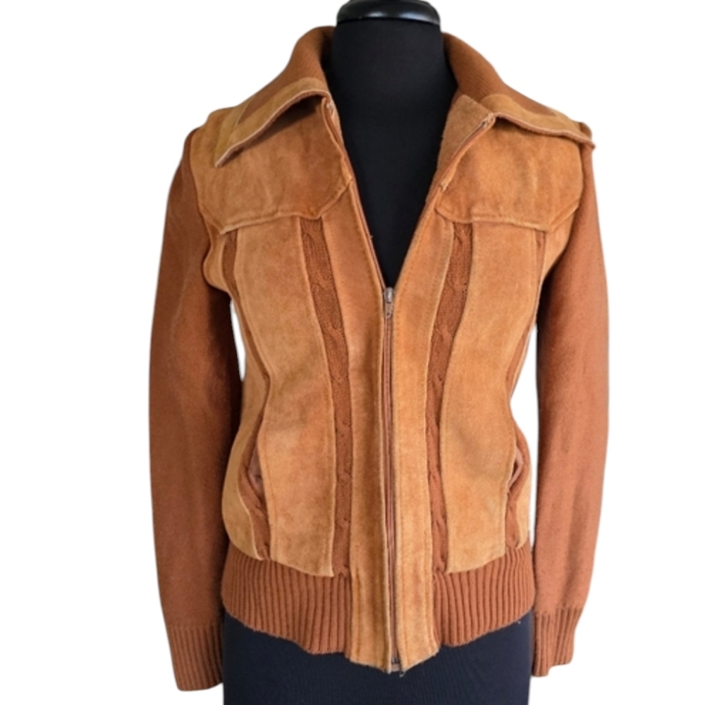 Vintage 70s Suede Leather Brown Jacket Boho Hippie Knit K-mart Large Rockstar